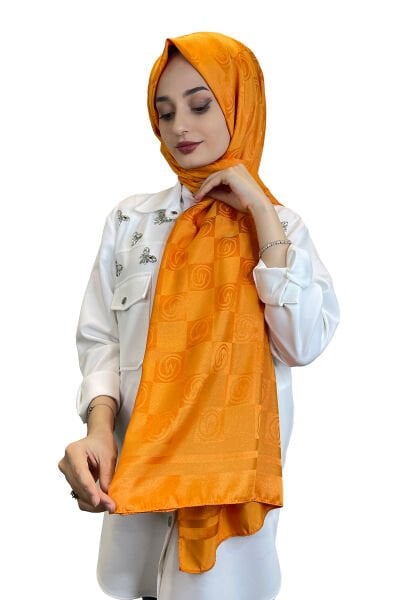 Shecarf Jakarlı Şal - Ebruli Dama Monogram Desenli Jakar Şal 011118 ORANGE