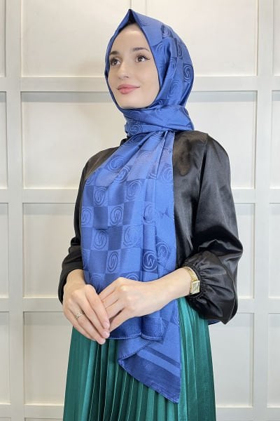 Shecarf Jacquard Shawl - Marble Checker Monogram Patterned Jacquard Shawl 011118 İNDİGO