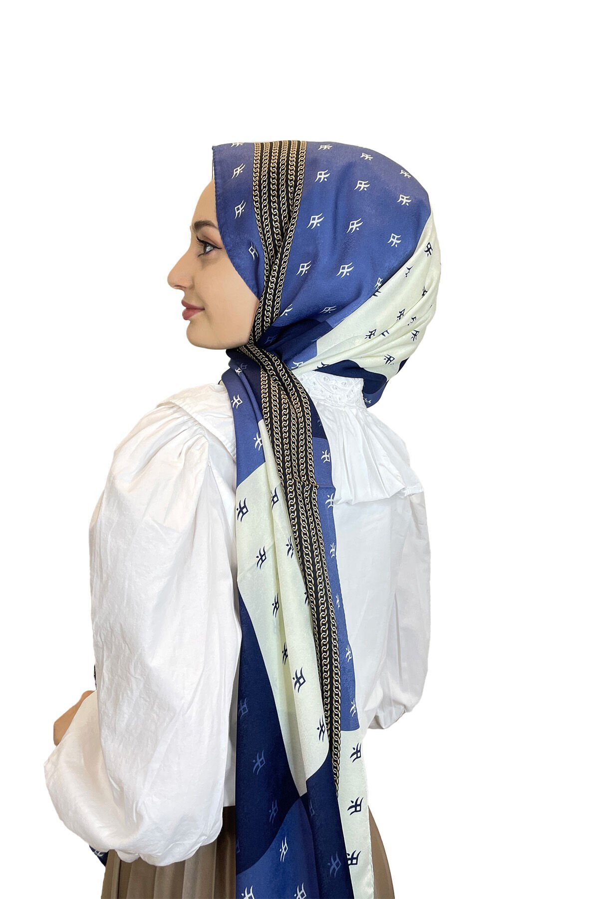 Cardion Digital Print Premium Shawl - Special Medina Silk Chain Patterned Hijab Women's Shawl 01118 NAVY BLUE