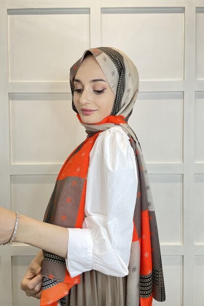 Cardion Digital Print Premium Shawl - Special Medina Silk Chain Patterned Hijab Women's Shawl 01118 ORANGE