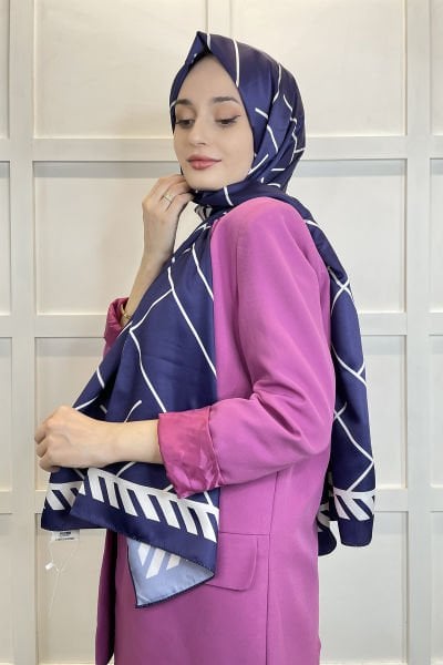 Shecarf Quare Stripe Pattern Silky Shawl 01117 DARK PURPLE
