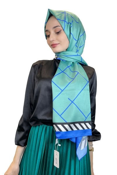 Shecarf Quare Stripe Pattern Silky Shawl 01117 BLUE