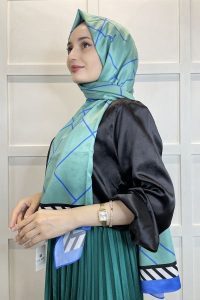 Shecarf Quare Stripe Pattern Silky Shawl 01117 BLUE