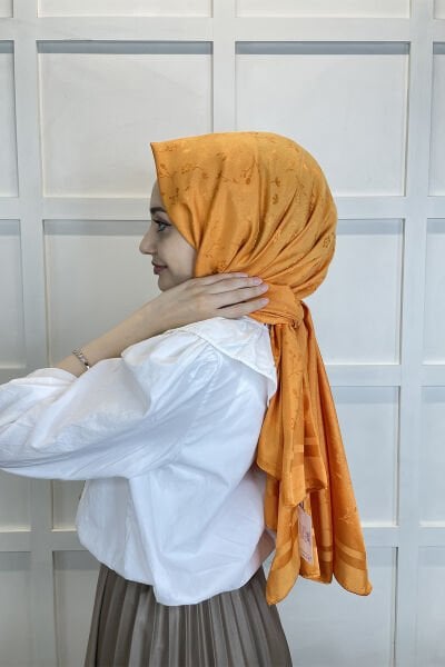 Shecarf Jacquard Shawl - Ebruli Floral Patterned Women's Hijab Shawl 011119 ORANGE