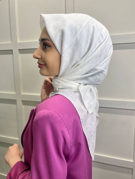 İpekevi Blend Eşarp - Dört Mevsim İpek Karışımlı Monogram Eşarp 04357 BEYAZ