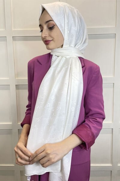Shecarf Jacquard Shawl - Ebruli Floral Patterned Women's Hijab Shawl 011119 CREAM