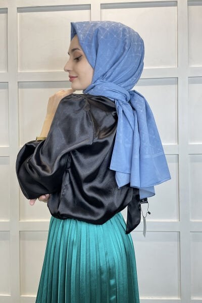 Armanda Monogram Shawl - Logo Patterned Seher Single Color Shawl AR3105 DENIM BLUE