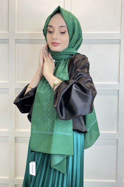 Armanda Monogram Shawl - Logo Patterned Seher Single Color Shawl AR3105 EMERALD