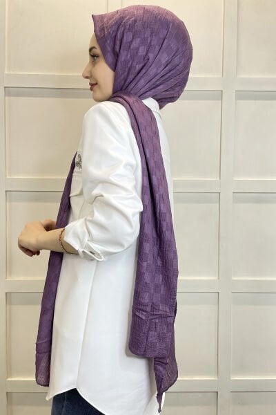 Waistline Dubai Shawl - Checkerboard Pattern Jacquard Dubai Shawl - No Ironing Shawl 01151 DAMSON