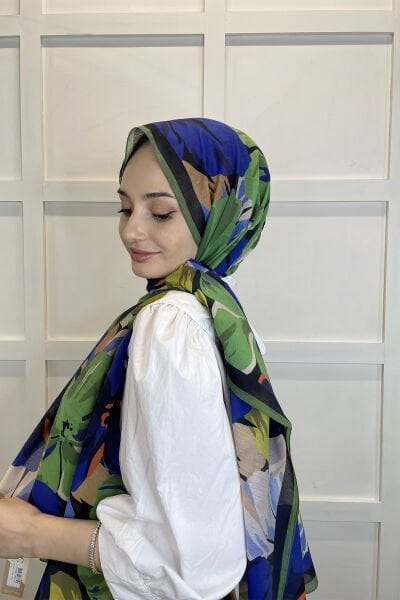 Cardion Cotton Silk Shawl - Silk Blend Patterned Women's Hijab Shawl 1113 GREEN