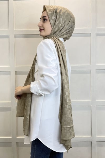 Belli Dubai Shawl - Checkerboard Pattern Jacquard Dubai Shawl - No Ironing Shawl 01151 MILK COFFEE