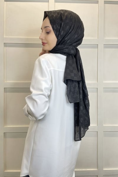 Waistline Dubai Shawl - Checkerboard Pattern Jacquard Dubai Shawl - No Ironing Shawl 01151 BLACK