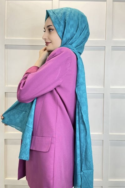 Belli Dubai Shawl - Checkerboard Pattern Jacquard Dubai Shawl - No Ironing Shawl 01151 TURQUOISE