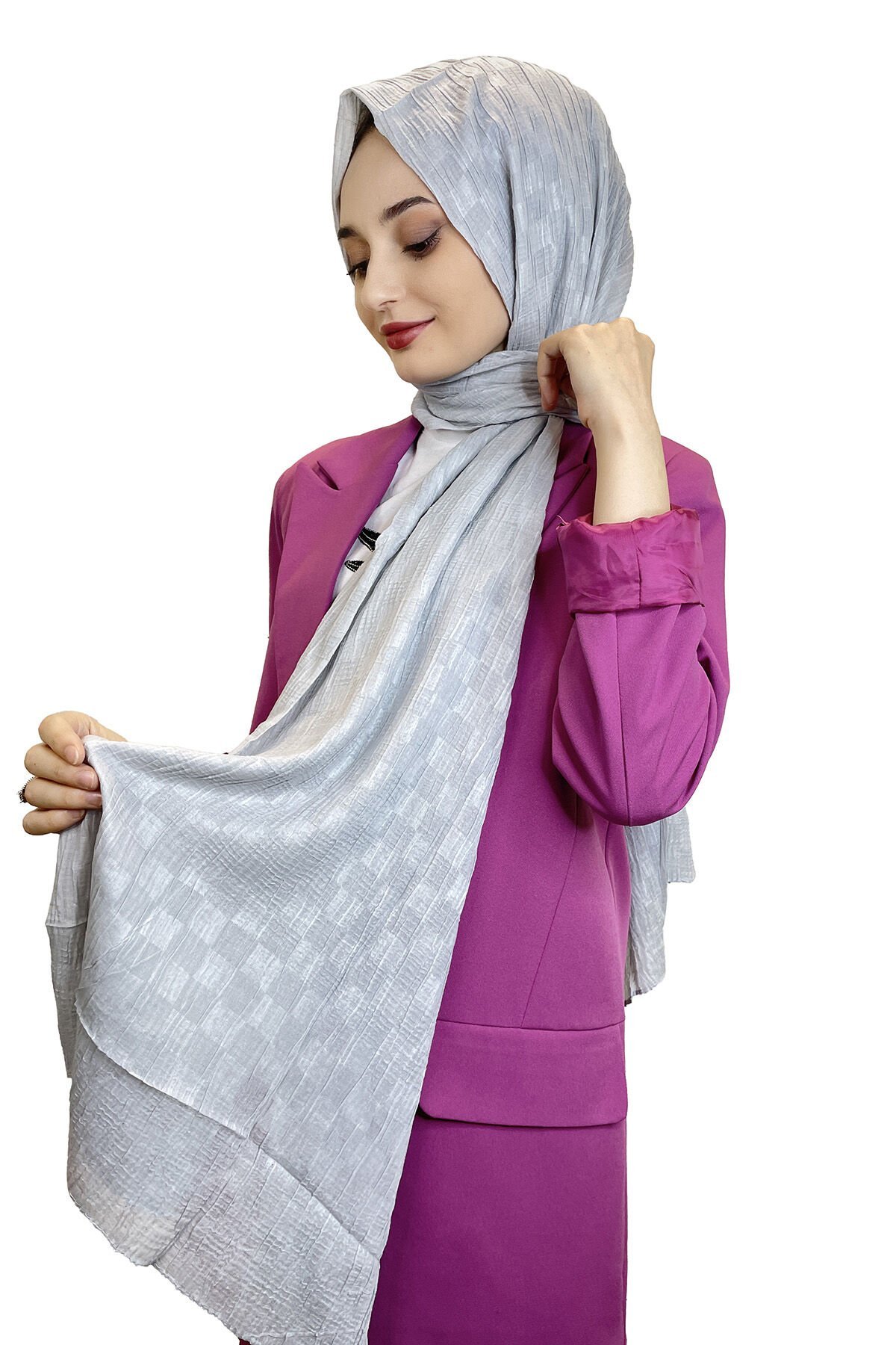 Waistline Dubai Shawl - Checkerboard Pattern Jacquard Dubai Shawl - No Ironing Shawl 01151 SILVER