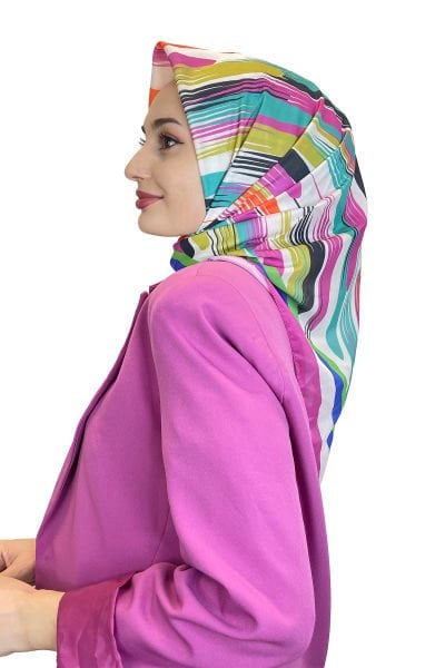 Quare Vual Krep Eşarp - Geometrik Desenli Tesettür Kadın Eşarp 01115 FUŞYA