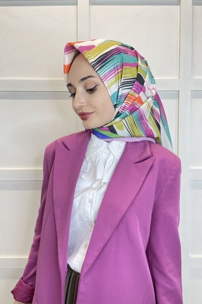 Quare Voile Crepe Scarf - Geometric Patterned Hijab Women's Scarf 01115 FUCHSIA