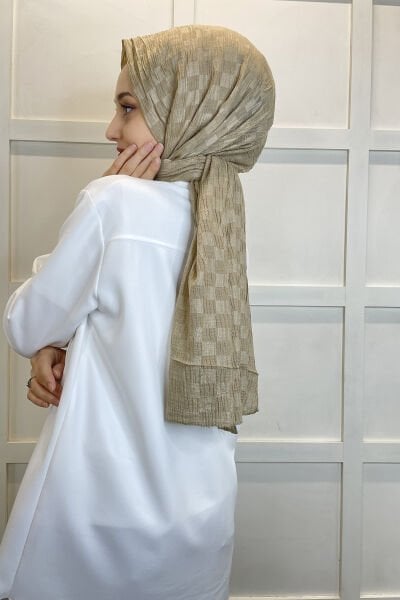 Waistline Dubai Shawl - Checkerboard Pattern Jacquard Dubai Shawl - No Ironing Shawl 01151 LIGHT BROWN