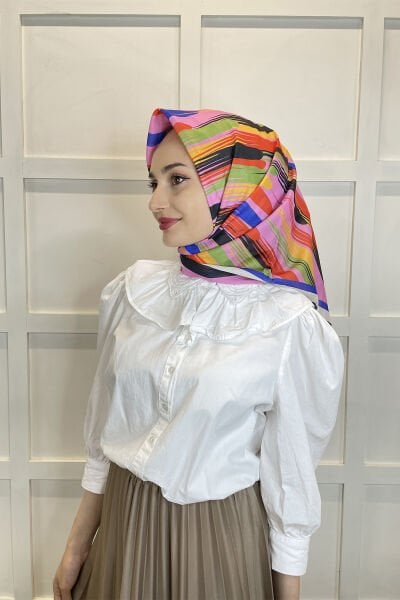 Quare Voile Crepe Scarf - Geometric Patterned Hijab Women's Scarf 01115 PINK