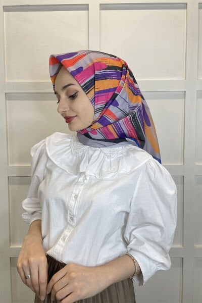 Quare Voile Crepe Scarf - Geometric Patterned Hijab Women's Scarf 01115 GRAY
