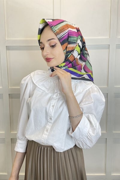 Quare Voile Crepe Scarf - Geometric Patterned Hijab Women's Scarf 01115 BLACK