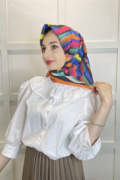 Quare Voile Crepe Scarf - Geometric Patterned Hijab Women's Scarf 01115 ORANGE