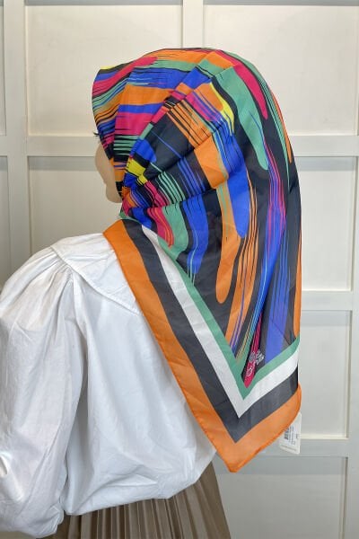 Quare Voile Crepe Scarf - Geometric Patterned Hijab Women's Scarf 01115 ORANGE