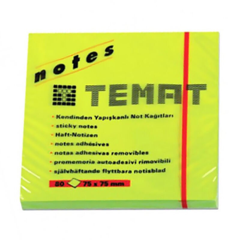 TEMAT 10935 YAPIŞKANLI NOT KAĞIDI 75x75 FOSFORLU YEŞİL 12'Lİ PK.