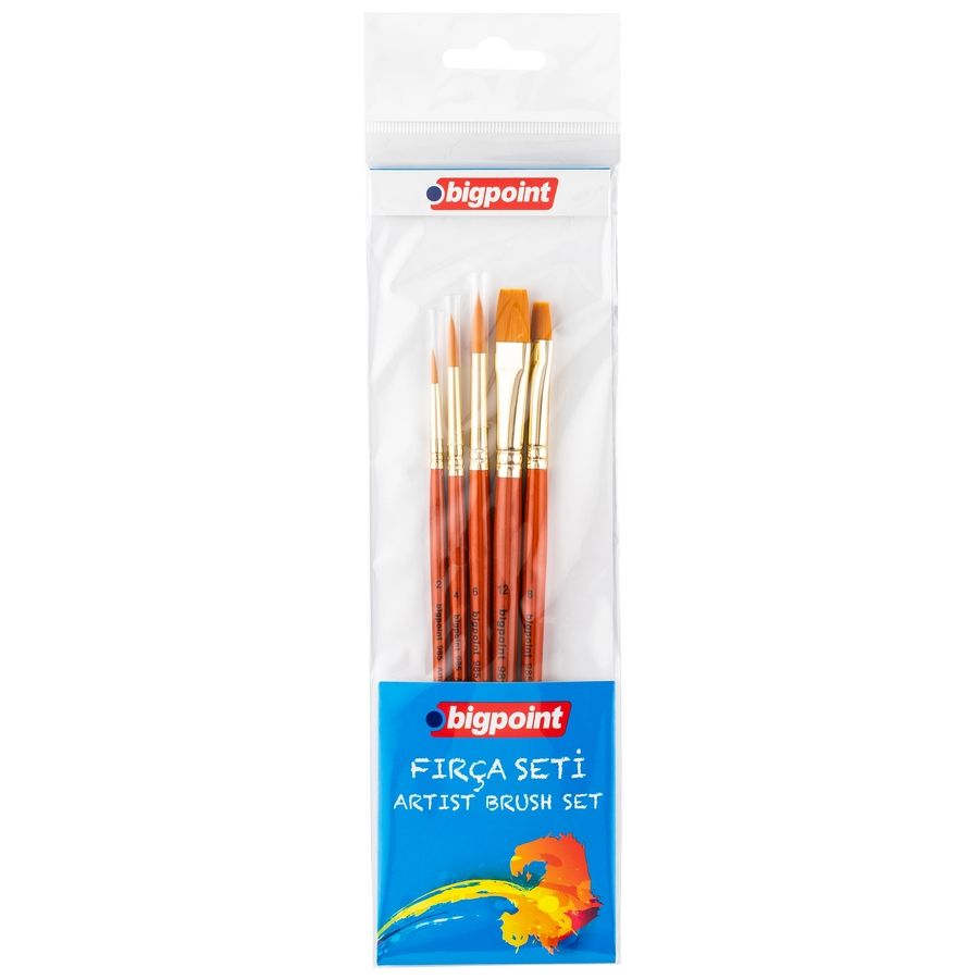 BİGPOİNT BPF985 985 SERİSİ SENTETİK KIL YUVARLAK VE KESİK UÇLU FIRÇA SETİ 5'Lİ BLİSTER 12'Lİ KT.