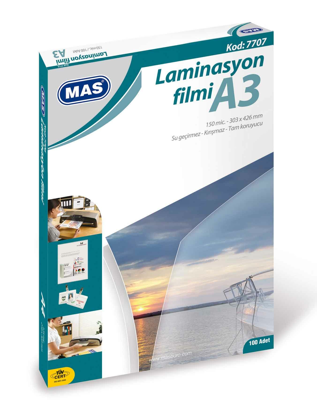 MAS 7707 LAMİNASYON FİLMİ 125 MİC A3 100'LÜ PK