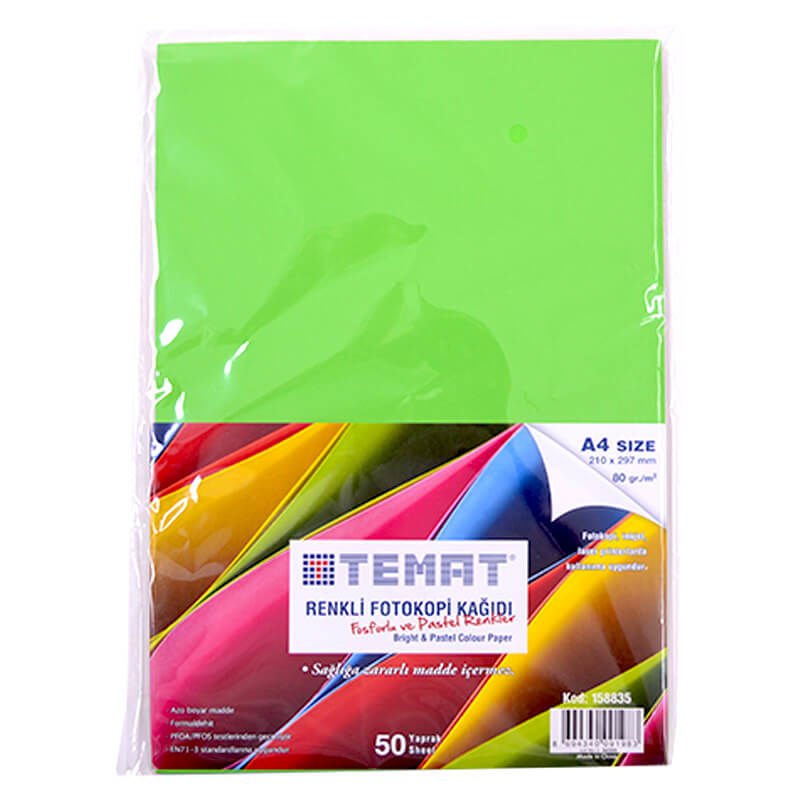 TEMAT 158835 RENKLİ FOTOKOPİ KAĞIDI 50 Lİ FOSFORLU VE PASTEL RENKLER
