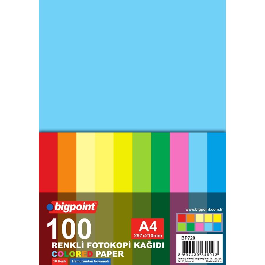 BİGPOİNT BP720 A4 RENKLİ FOTOKOPİ KAĞIDI 10 RENK 100'LÜ PAKET