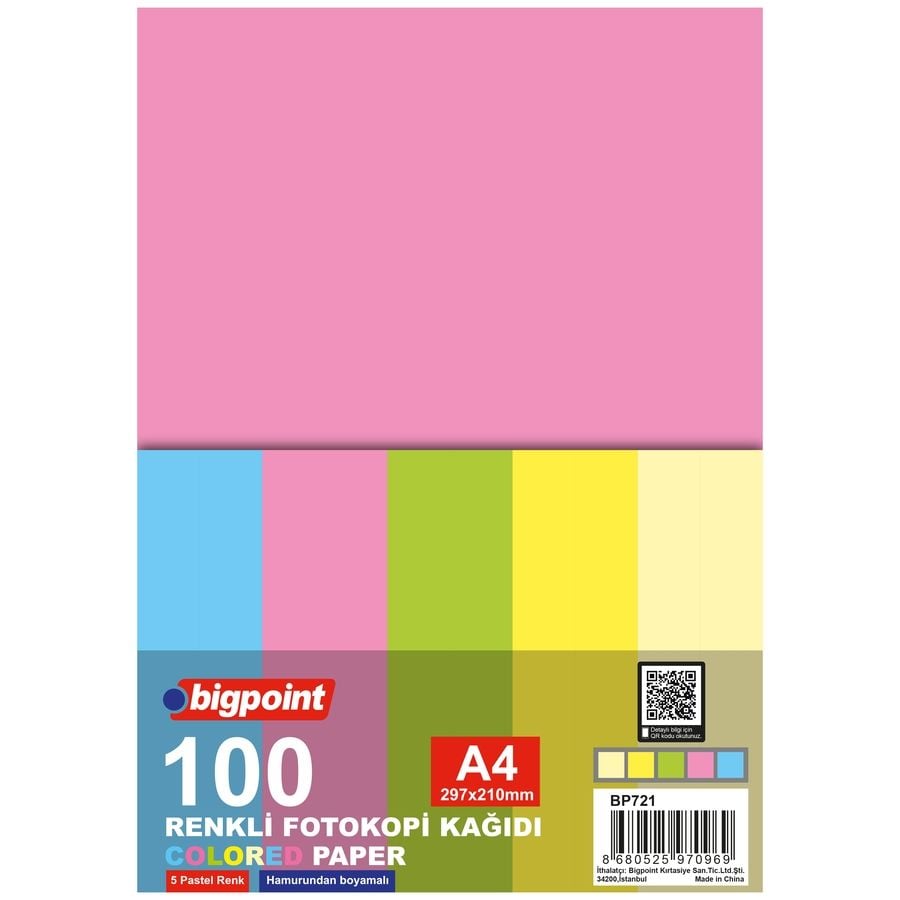 BİGPOİNT BP721 A4 RENKLİ FOTOKOPİ KAĞIDI 5 PASTEL RENK 100'LÜ