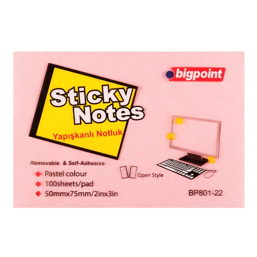 BİGPOİNT BP801-22 YAPIŞKANLI NOT KAĞIDI 75X50MM PEMBE 12'Lİ PAKET