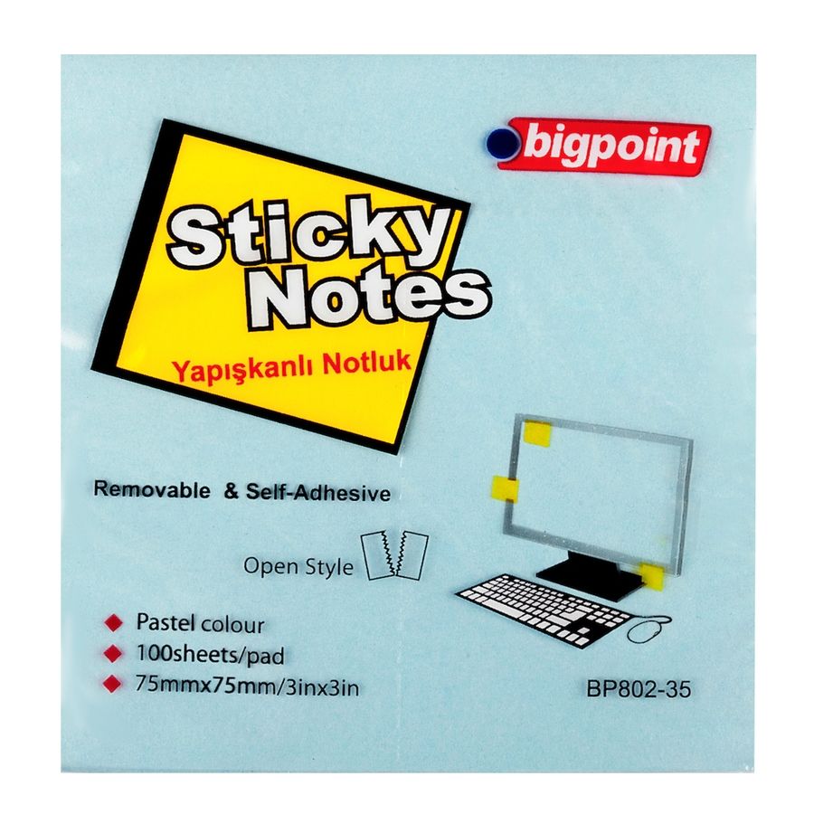 BİGPOİNT YAPIŞKANLI NOT KAĞIDI 75X75MM MAVİ
