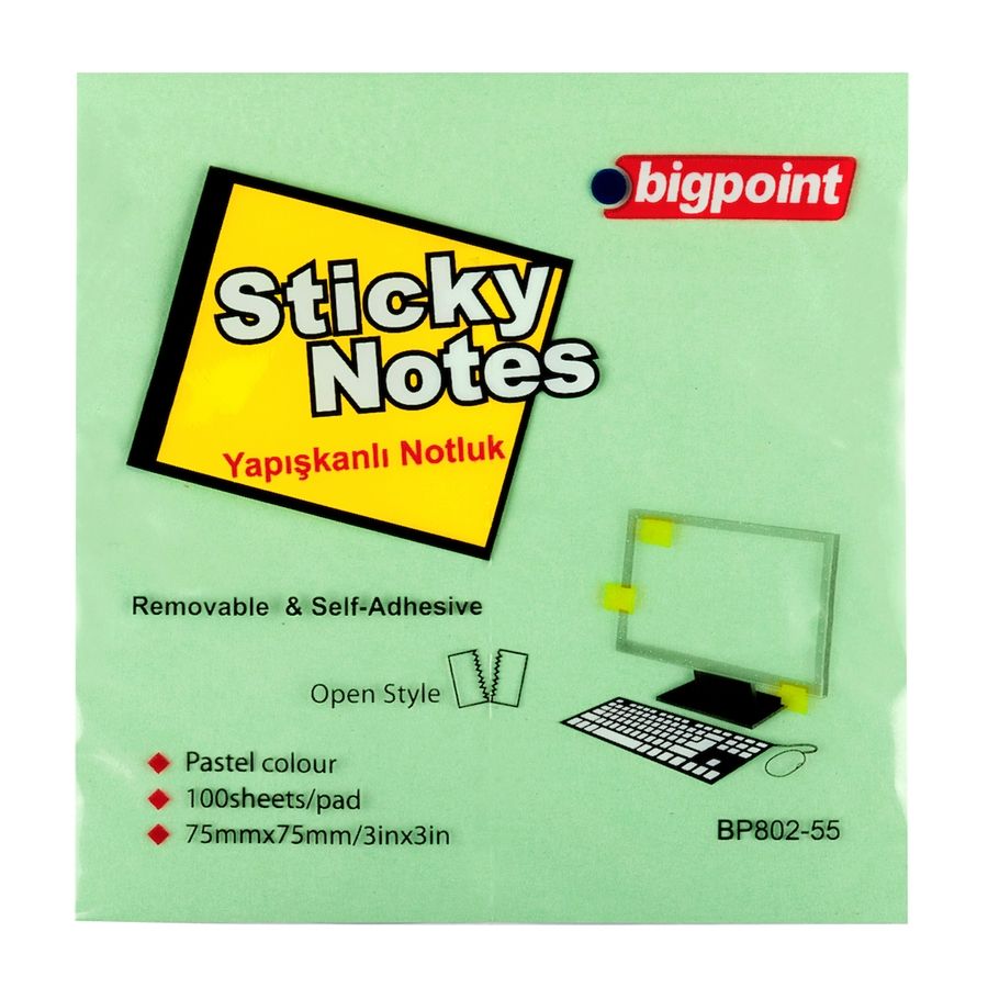 BİGPOİNT YAPIŞKANLI NOT KAĞIDI 75X75MM YEŞİL