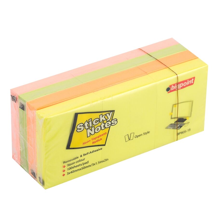 BİGPOİNT BP805 YAPIŞKANLI NOT KAĞIDI 3'LÜ 40X50MM NEON 4 RENK