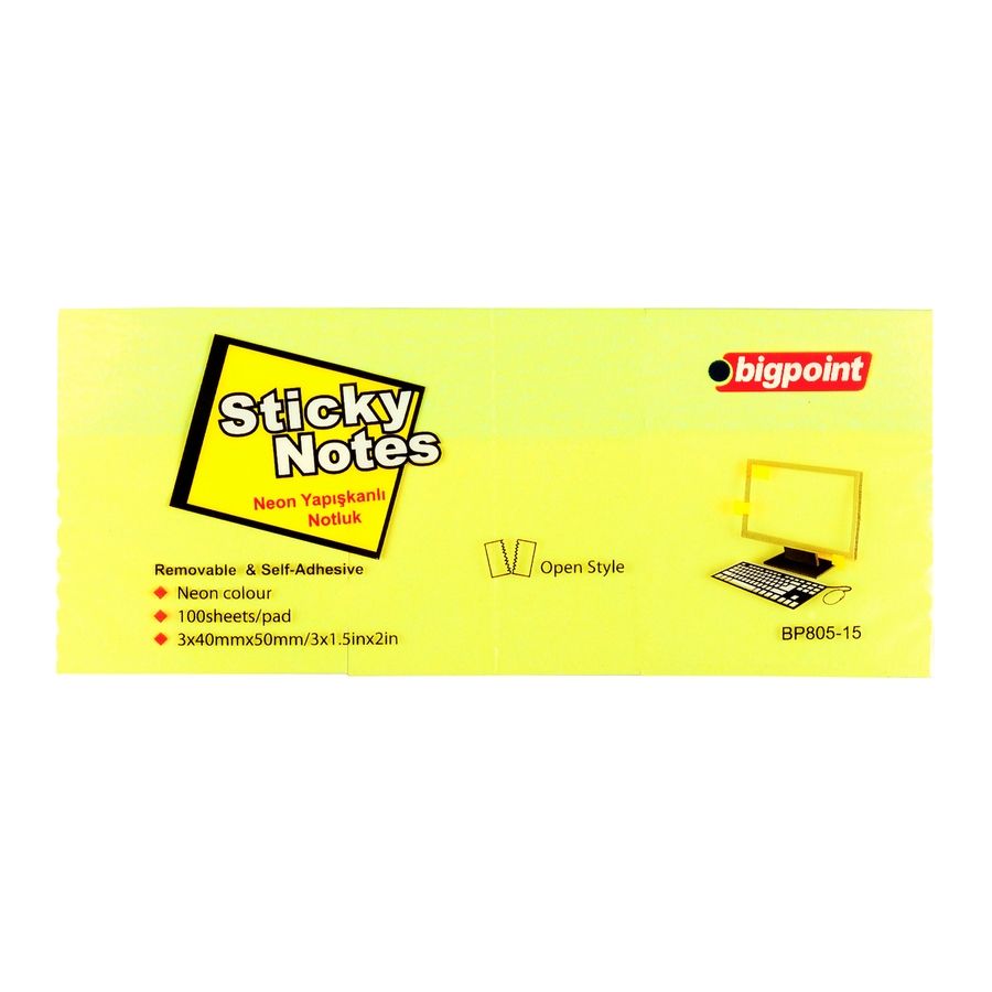 BİGPOİNT BP805-15 YAPIŞKANLI NOT KAĞIDI 40X50MM NEON SARI 12'Lİ PK.