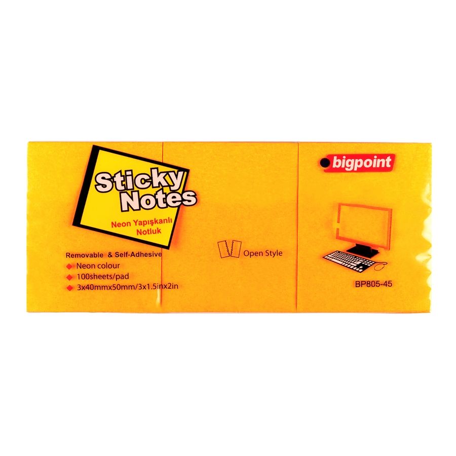 BİGPOİNT BP805-45 YAPIŞKANLI NOT KAĞIDI 40X50MM NEON TURUNCU 12'Lİ PK.