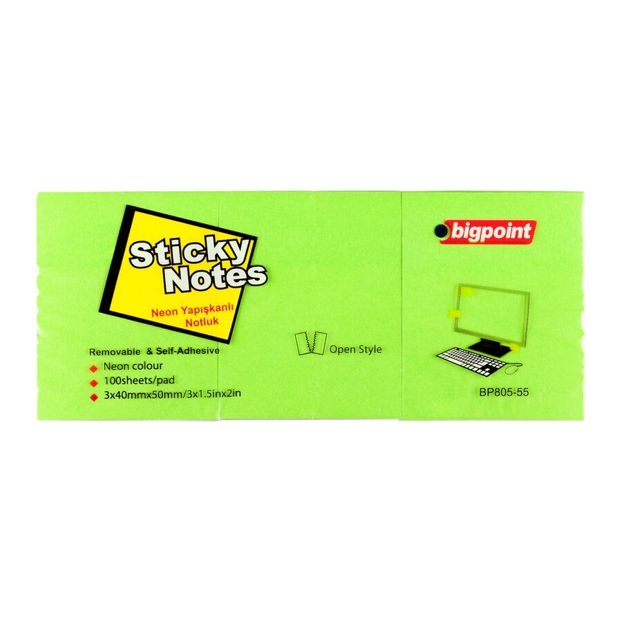 BİGPOİNT BP805-55 YAPIŞKANLI NOT KAĞIDI 40X50MM NEON YEŞİL 12'Lİ PK.