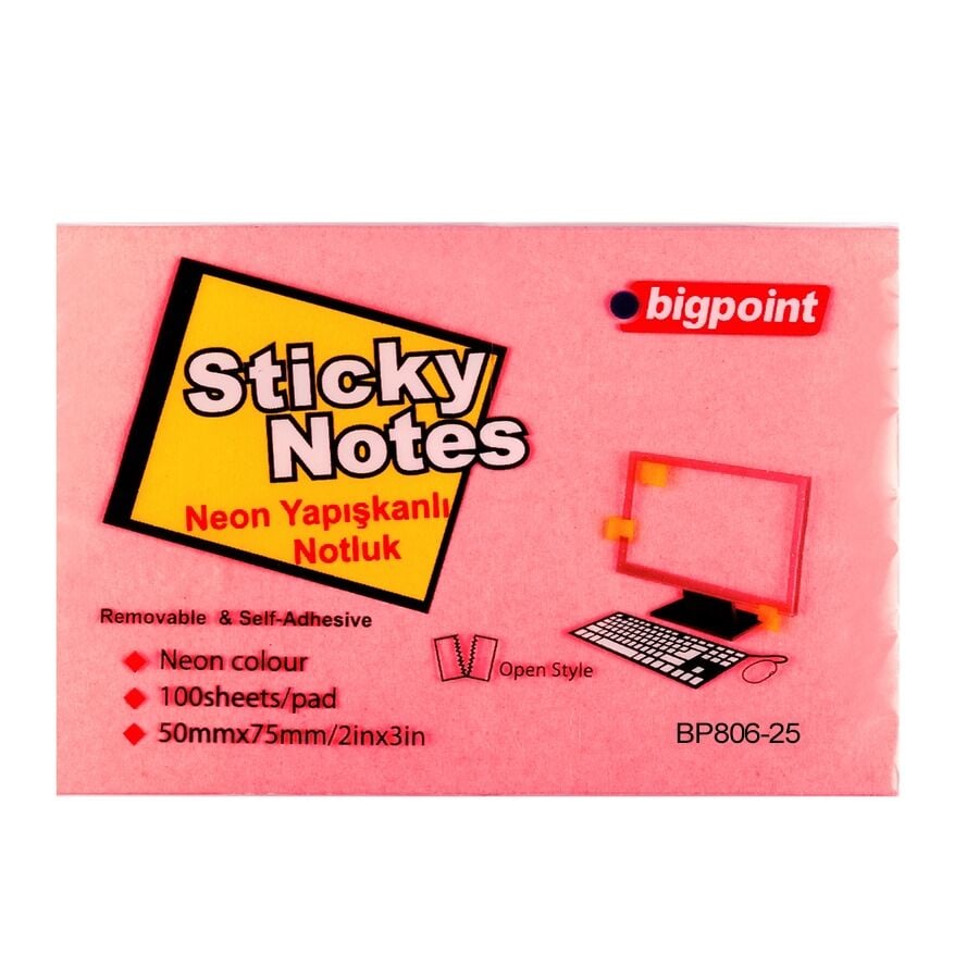 BİGPOİNT BP806-25 YAPIŞKANLI NOT KAĞIDI 75X50MM NEON KIRMIZI 12'Lİ PAKET