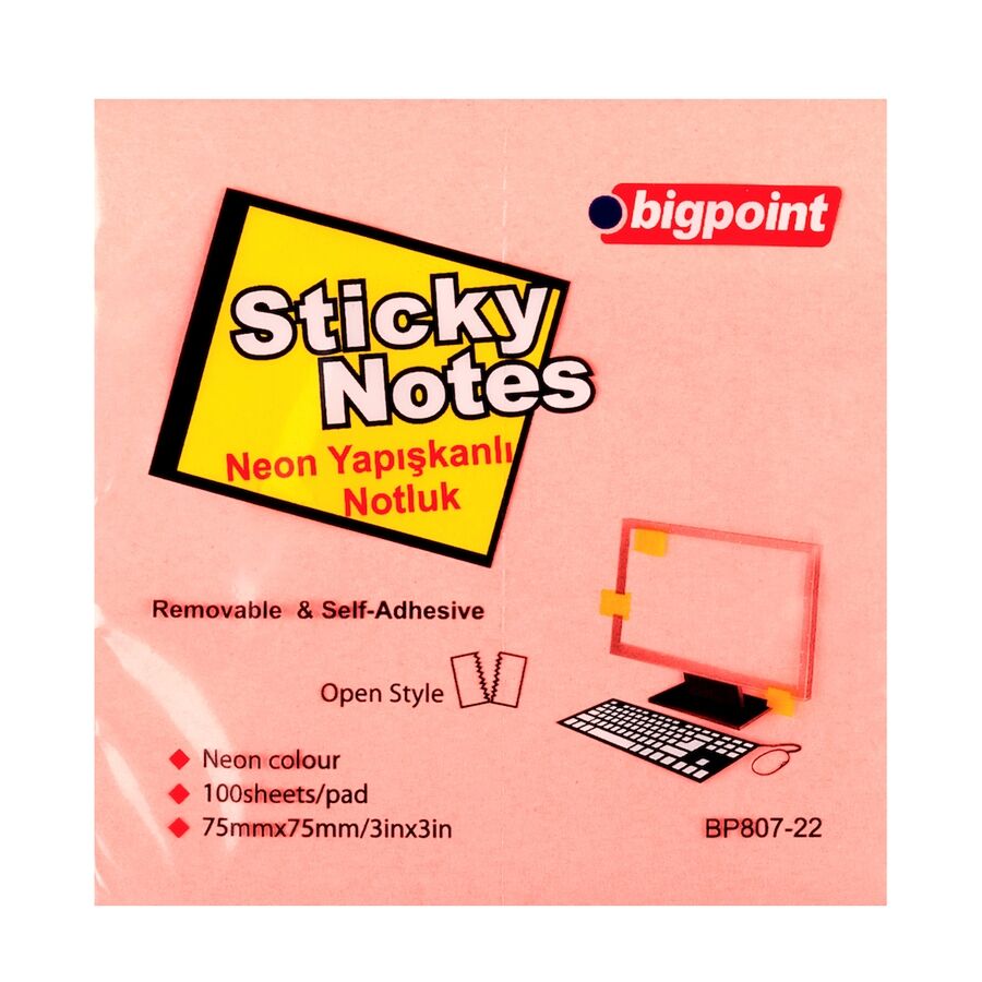 BİGPOİNT BP807-22 YAPIŞKANLI NOT KAĞIDI 75X75MM NEON PEMBE 12'Lİ PAKET