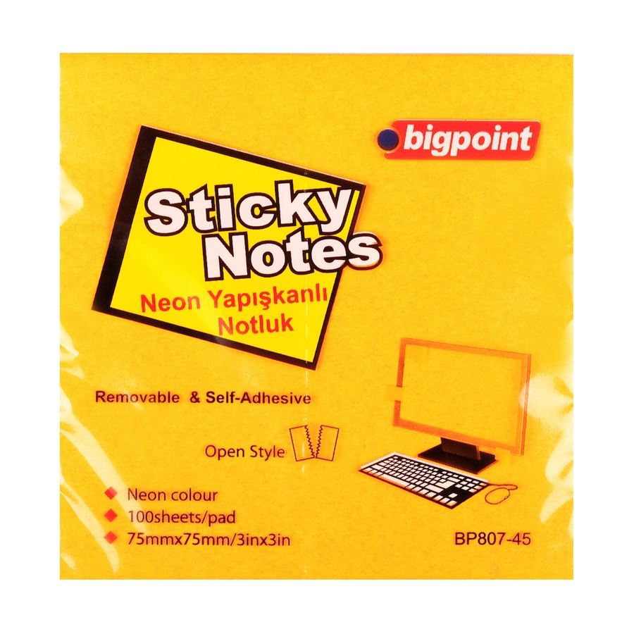 BİGPOİNT BP807-45 YAPIŞKANLI NOT KAĞIDI 75X75MM NEON TURUNCU 12'Lİ PAKET