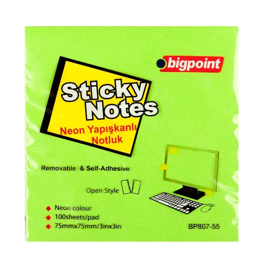 BİGPOİNT BP807-55 YAPIŞKANLI NOT KAĞIDI 75X75MM NEON YEŞİL 12'Lİ PAKET