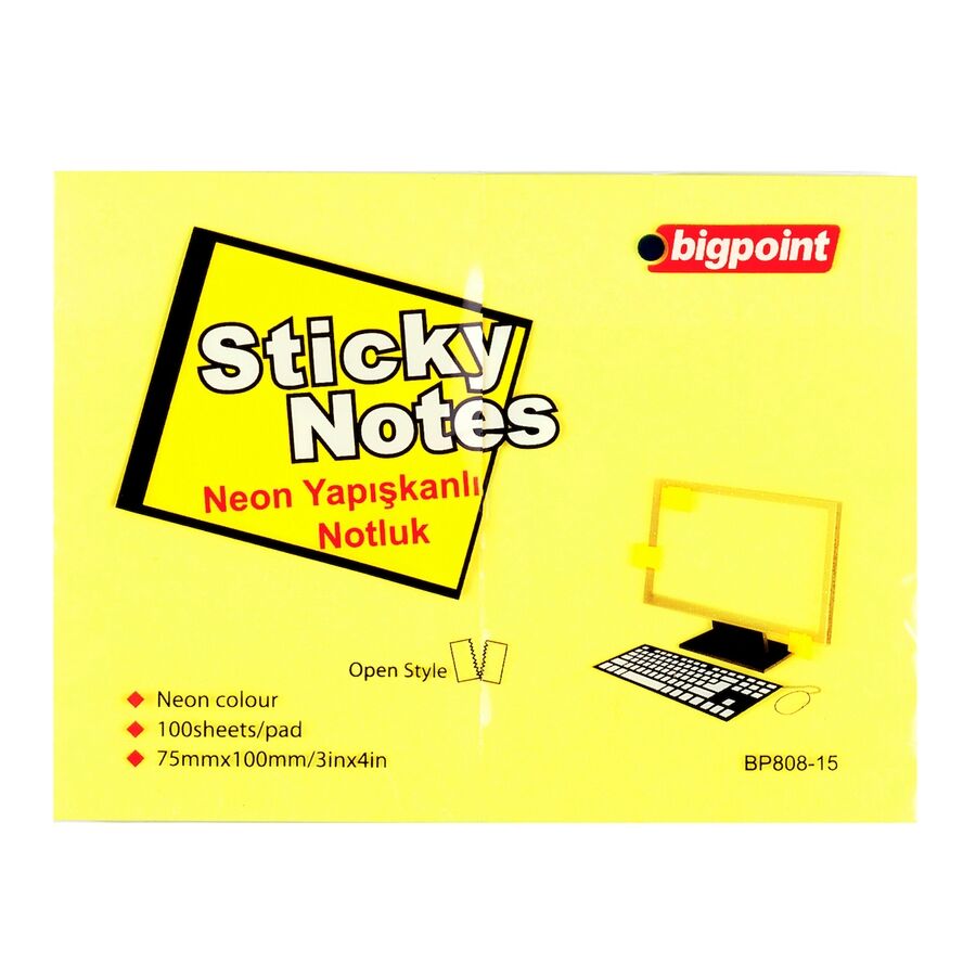 BİGPOİNT BP808-15 YAPIŞKANLI NOT KAĞIDI 75X100MM NEON SARI 12'Lİ PAKET