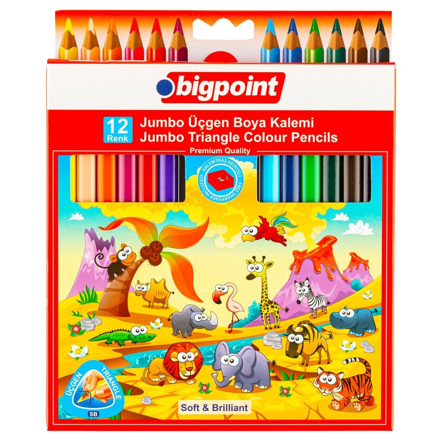 BİGPOİNT BP943-12 JUMBO ÜÇGEN KURU BOYA KALEMİ 12 RENK