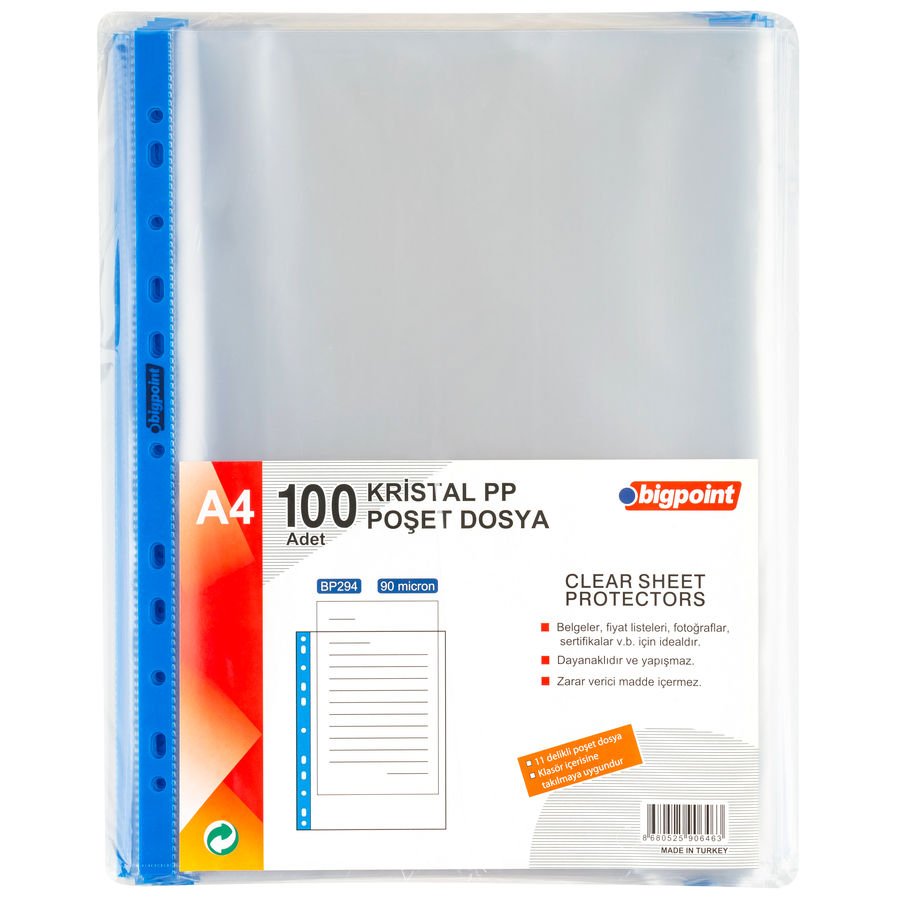 BİGPOİNT BP294 POŞET DOSYA MAVİ ŞERİTLİ KRİSTAL 90 MİKRON 100'LÜ PAKET