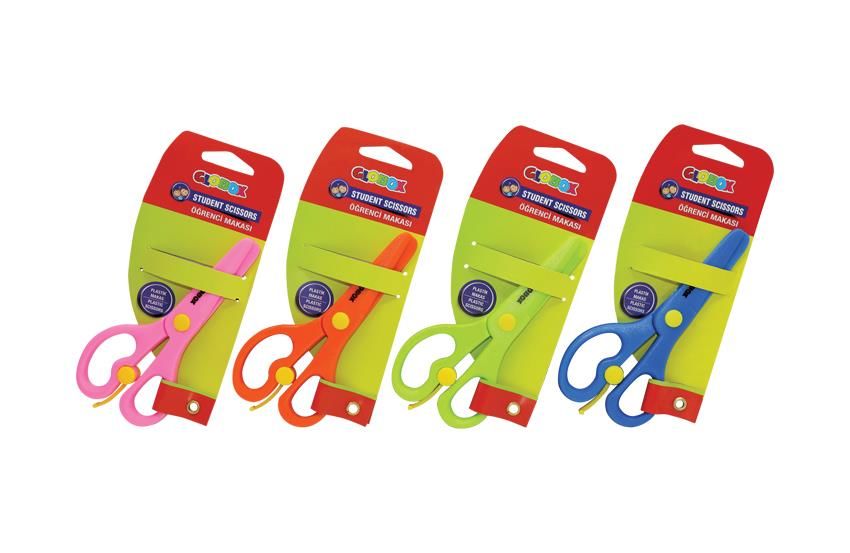 GLOBOX 2539 PLASTİK YAYLI KÜT UÇLU ÖĞRENCİ MAKASI 24'LÜ KT.