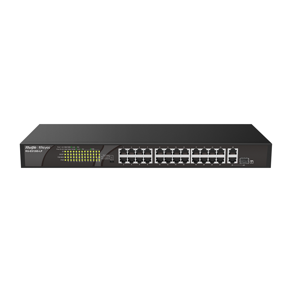 Reyee RG-ES126S-P 26 Portlu, 10/100 Fast Ethernet, Tak Çalıştır Switch, 1 Gigabit Uplink, 1 Gigabit Combo, 24 Port PoE+ (370W)
