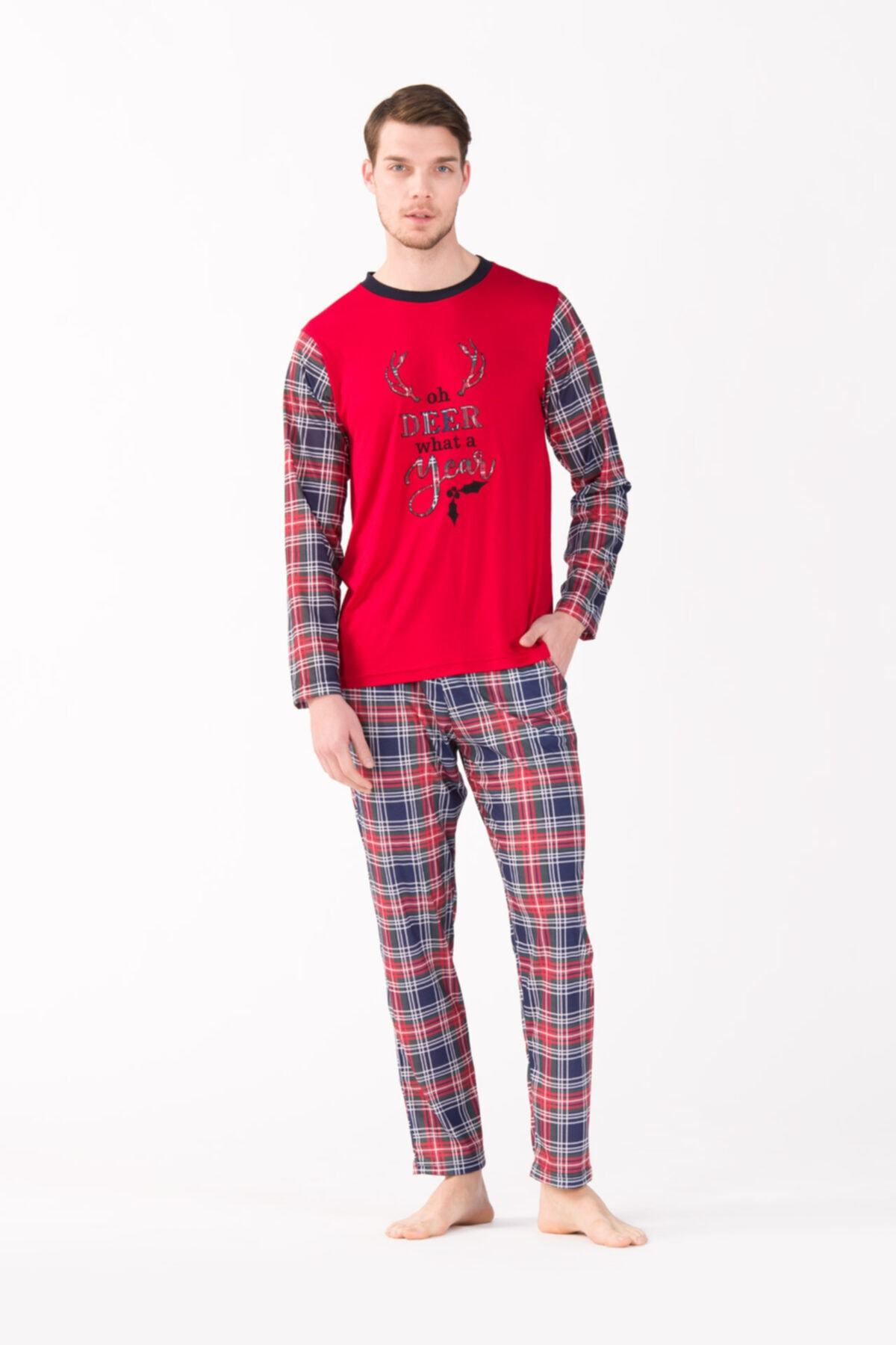 Yılbaşı Konseptli Kırmızı Ekose Viskon Penye Uzun Kollu Erkek Pijama Takım