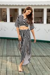 9659 Kadın Çizgili Crop Top Kimono Yırtmaçlı Pijama Takım